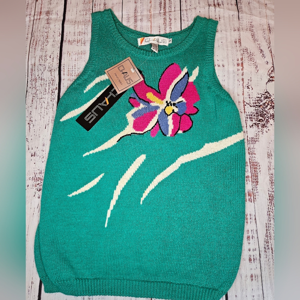 Vintage Chaus Road to Rio Sweater Vest Jade Green Floral Knit NWT Size M